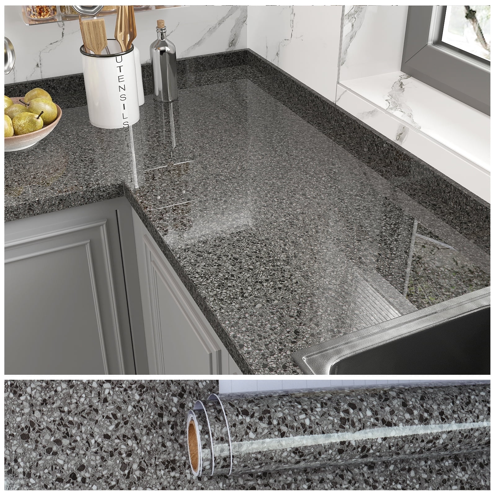 VEELIKE 15.7"x118" Black Granite Contact Paper for Countertops Waterproof Peel and Stick Marble Wallpaper for Kitchen Self Adhesive Removable Wall Paper Glossy Vinyl Roll for Cabinets Table Desk