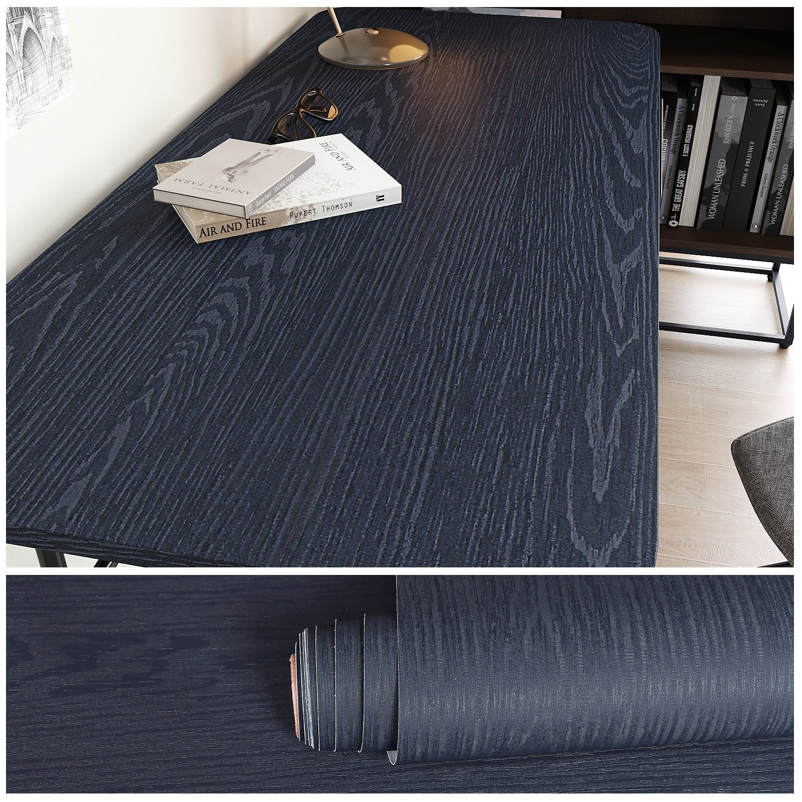 VEELIKE 15.7"x118" Navy Blue Wood Contact Paper Peel and Stick Kitchen Countertop Wood Wallpaper