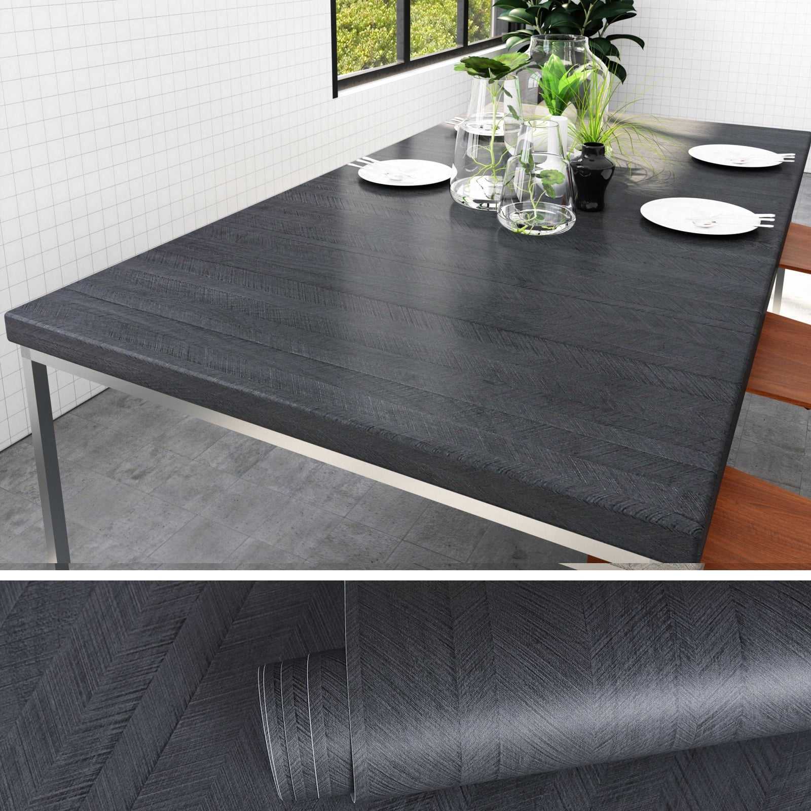 VEELIKE 15.7''x354'' Black Wallpaper Peel and Stick Wood Grain Contact Paper for Countertops Self Adhesive Wood Look Wallpaper Removable Vinyl Roll Waterproof Kitchen Counter Top Cabinets Backdrop