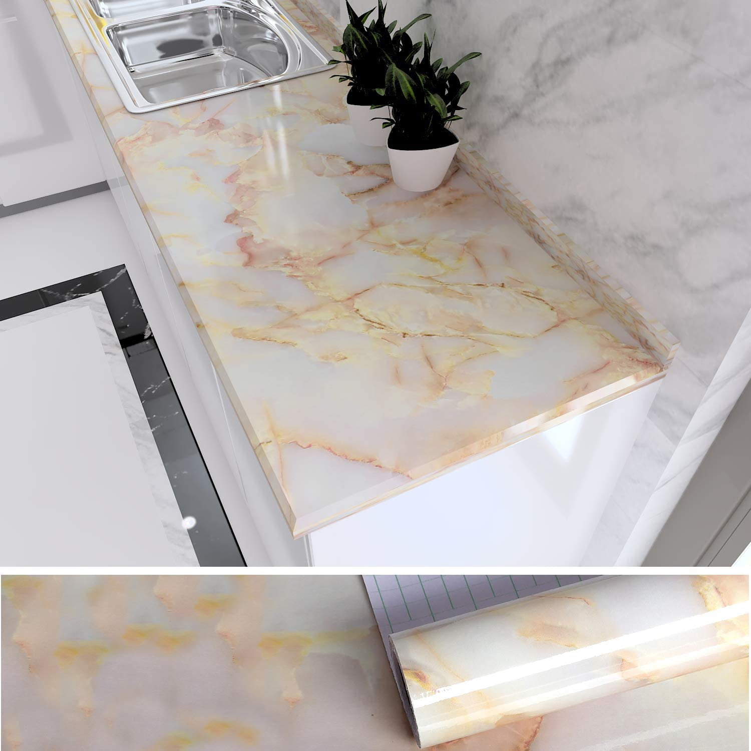 VEELIKE 15.74''x354.33'' Gold Pink Marble Contact Paper for Countertops Wallpaper Peel and Stick Self Adhesive Removable Waterproof Wall Covering for Table Countertop Cabinet Drawer Marble Vinyl Paper