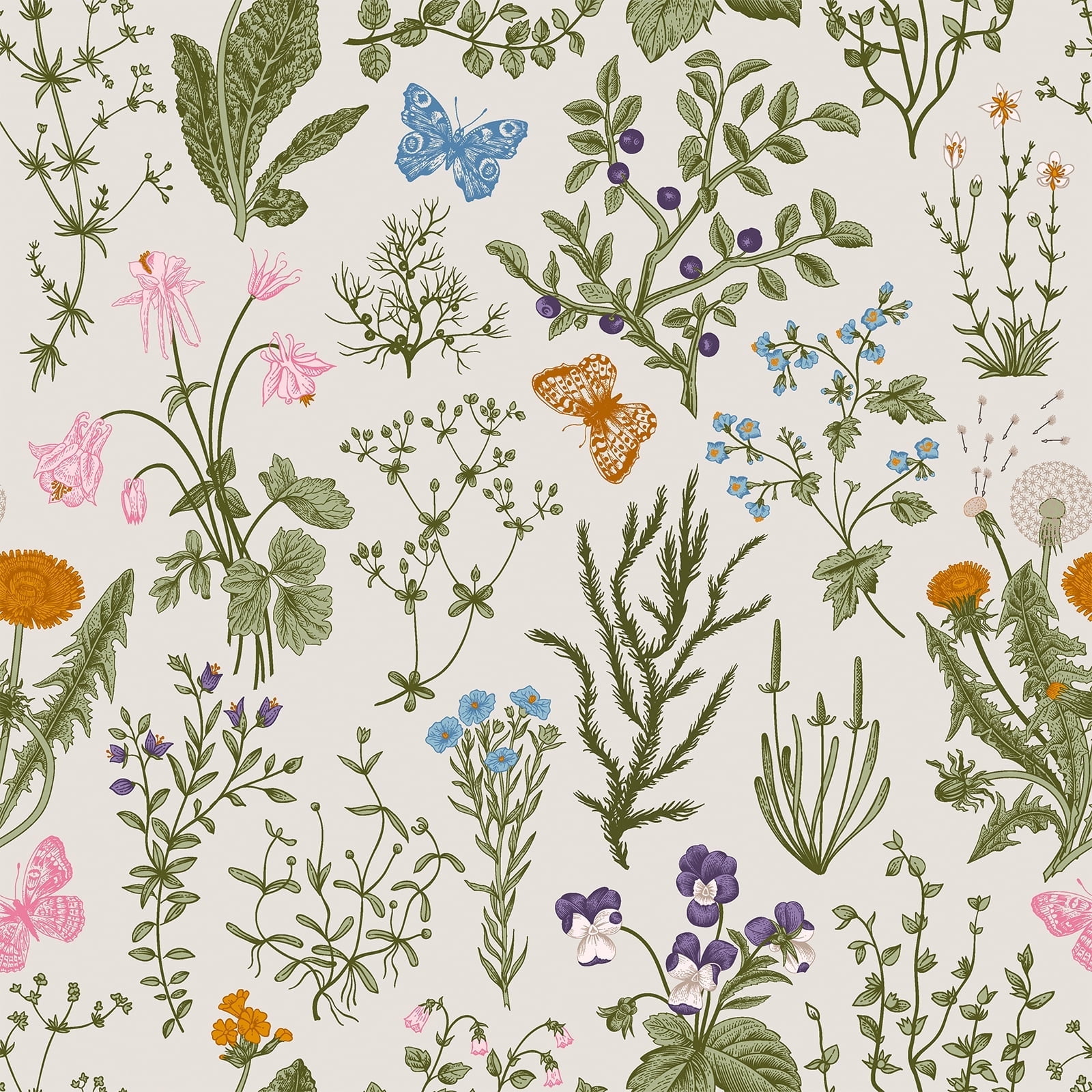 VEELIKE Vintage Butterfly Wildflowers Floral Wallpaper Peel and Stick Green Botanical Herbs Nature Wallpaper for Nursery Bedroom Self Adhesive Green Contact Paper for Cabinets Drawers 17.7"x354"