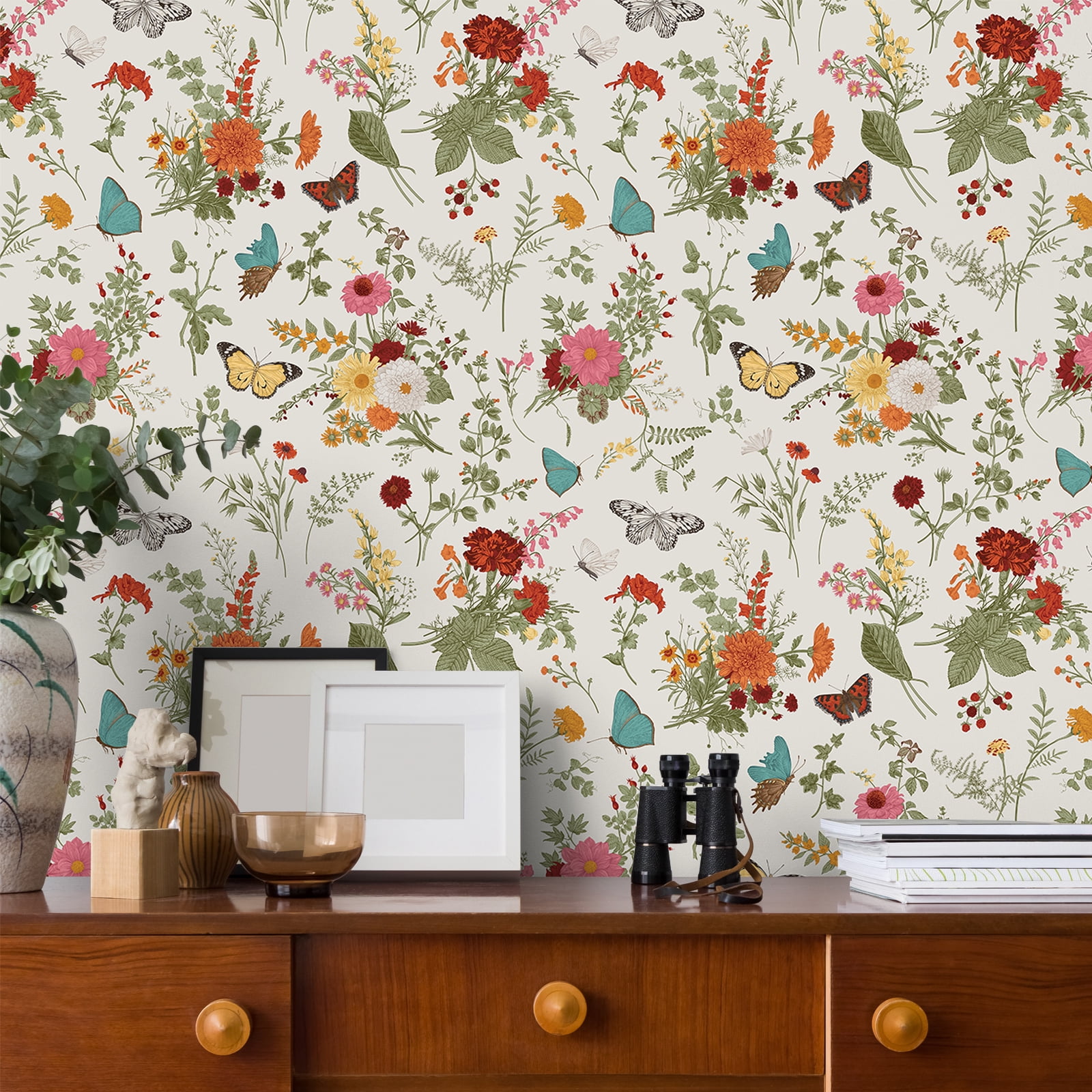 VEELIKE 17.7''x118'' Butterflies Marigolds Floral Peel and Stick Wallpaper Vintage Floral Wallpaper for Bedroom Bathroom Removable Self Adhesive Flower Contact Paper for Cabinets Drawer Liners