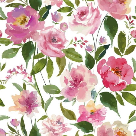 VEELIKE 17.7''x354'' Pink Floral Peel and Stick Wallpaper Watercolor Peonies Floral Wallpaper Self Adhesive Wallpaper Vintage Flower Mural Removable Floral Contact Paper for Bedroom Wall Cabinets
