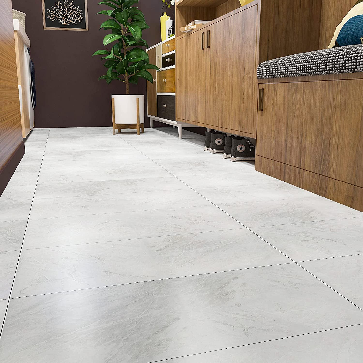 VEELIKE 24 Pack Peel and Stick Vinyl Floor Tile, 12"x24", Self Adhesive & Removable Vinyl Flooring, Grey Marble Floor Stickers, Glossy Marble Vinyl Tiles for Floor Living Room Stairs Decals Kitchen