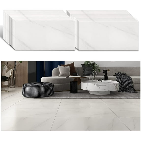 VEELIKE 24Pcs White Peel and Stick Floor Tiles 12"x24" Marble Stick on Floor Tiles Self Adhesive Vinyl Flooring Waterproof Bathroom Floor Tiles Removable Tile Stickers for Bedroom Kitchen Living Room