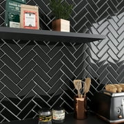 VEELIKE Black Herringbone Backsplash Tiles Stickers 6 Sheets Peel and Stick Backsplash Tiles 12"x12"