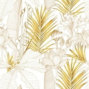 VEELIKE Gold Tropical Wallpaper Peel and Stick Boho Wallpaper for Bedroom 17.7"x118" Exotic Palm Leaves Lotus Floral Wallpaper Self Adhesive Vinyl Wallpaper Gold Contact Paper for Cabinets Walls