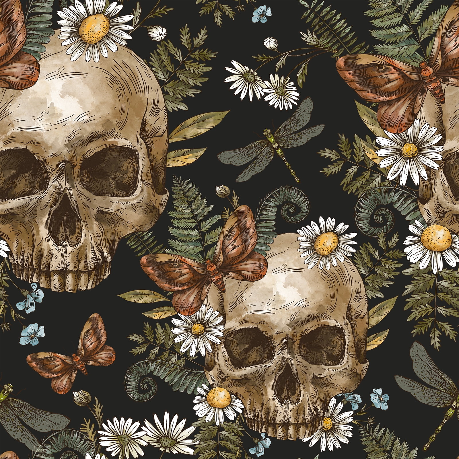 VEELIKE Dark Gothic Wallpaper Skulls Ferns Peel and Stick Wallpaper Floral Wallpaper for Bedroom Bathroom Living Room 17.7''x118'' Removable Adhesive Skulls Art Decor Mural for Walls Cabinets Home