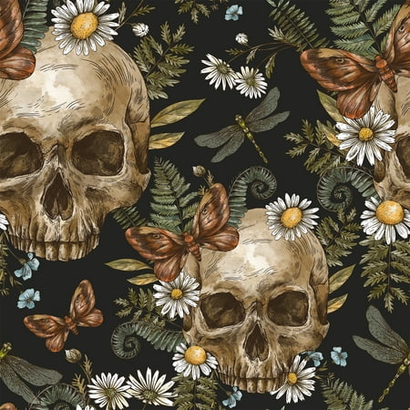 VEELIKE Dark Gothic Wallpaper Skulls Ferns Peel and Stick Wallpaper Floral Wallpaper for Bedroom Bathroom Living Room 17.7''x118'' Removable Adhesive Skulls Art Decor Mural for Walls Cabinets Home