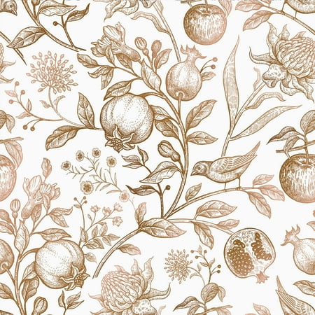 VEELIKE Exotic Gold Fruits Floral Peel and Stick Wallpaper Vintage Birds Floral Wallpaper for Bedroom Nursery 17.7''x118'' Self Adhesive Removable Floral Wall Decor Contact Paper for Walls Cabinets