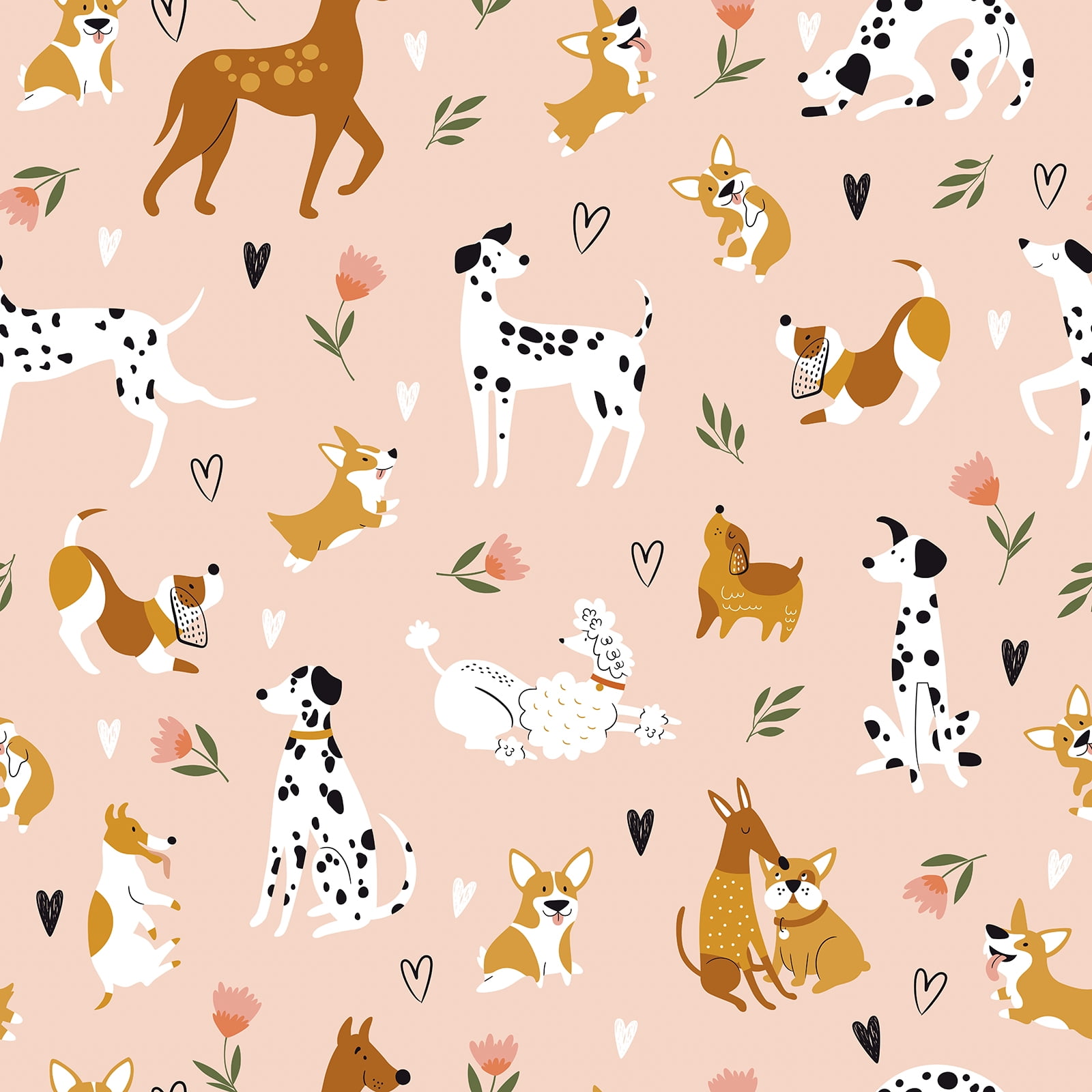 VEELIKE Fun Dog Pink Wallpaper for Bedroom Kids Room Puppies Breed Dogs Animal Peel and Stick Wallpaper Floral Pink Contact Paper for Walls Cabinets Nursery Self Adhesive Removable Vinyl Wall Mural