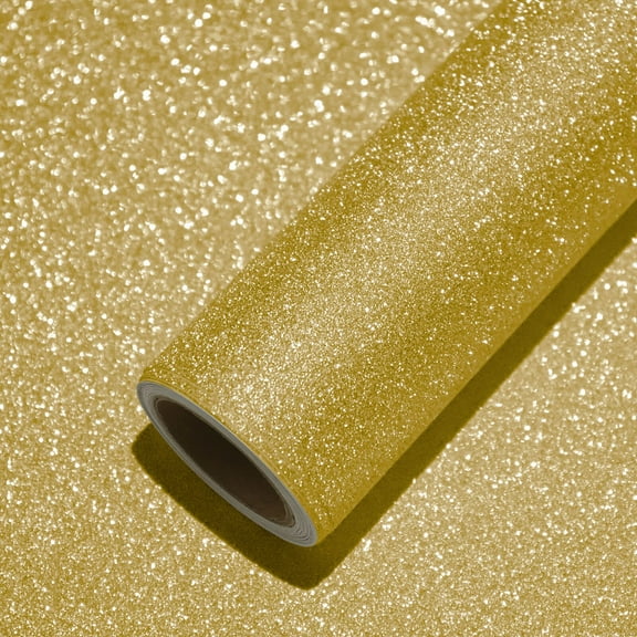 VEELIKE Gold Glitter Vinyl Roll Self Adhesive Contact Paper Sparkly Wallpaper Stick and Peel Glittery Golden Wall Paper Cover Decorative for Bedroom Cabinet Drawer Liner DIY 15.7''x118''