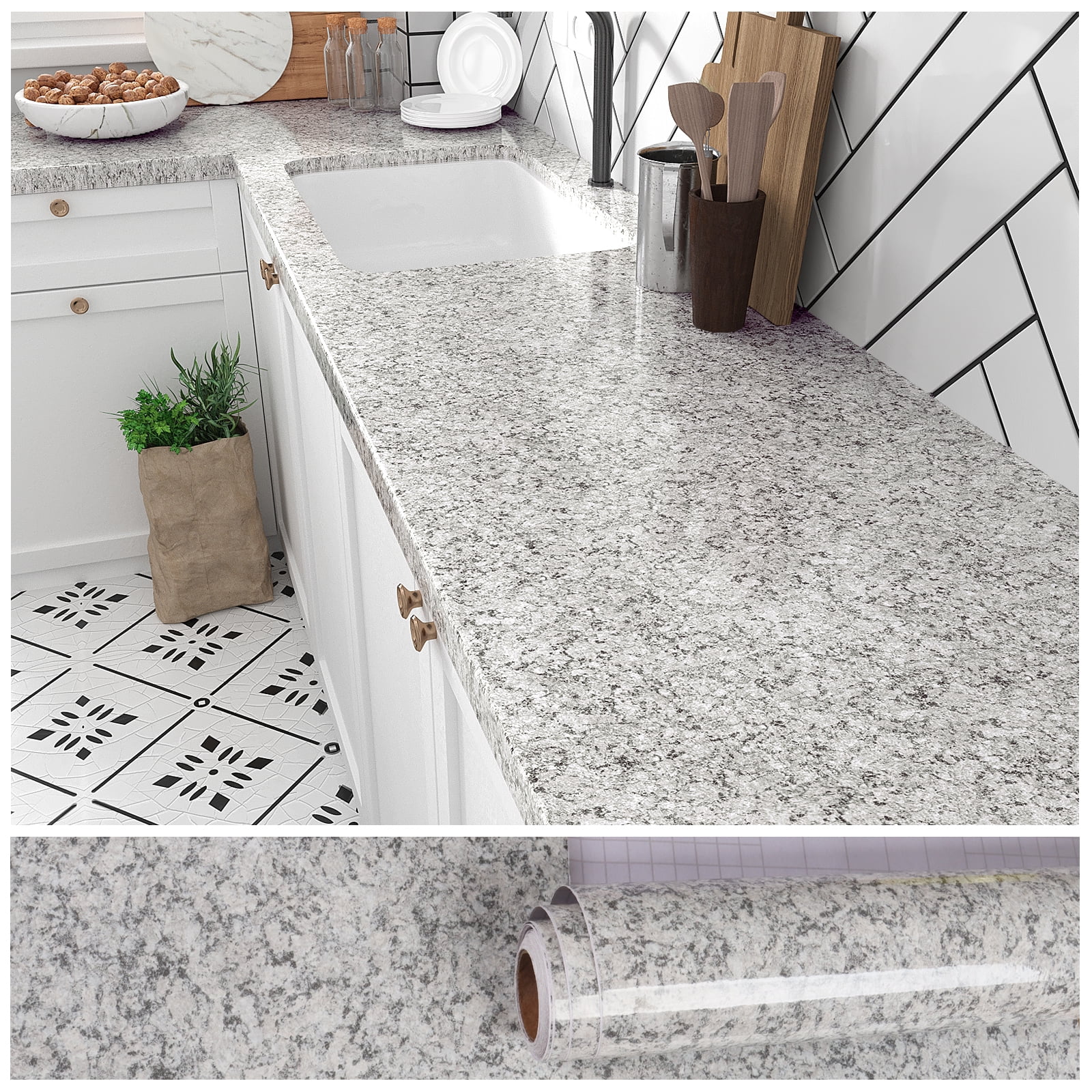 VEELIKE Gray Granite Contact Paper Peel and Stick 15.7''x118'' Self Adhesive Wallpaper Marble Contact Paper for Countertops Removable Waterproof Wallpaper Grey Granite Vinyl for Kitchen Bathroom Table
