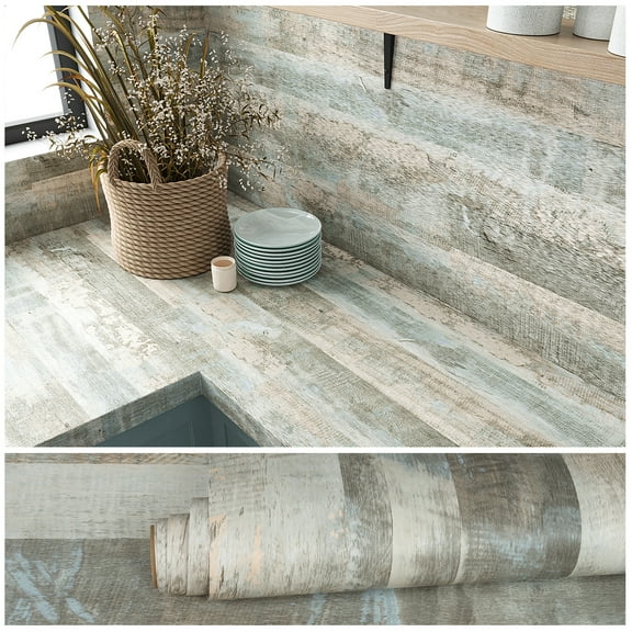 VEELIKE Light Blue Weathered Wood Plank Wallpaper Peel and Stick Wood Contact Paper for Countertops Waterproof 15.7"x118" Removable Self Adhesive Shiplap Wood Wallpaper for Walls Cabinets Bedroom
