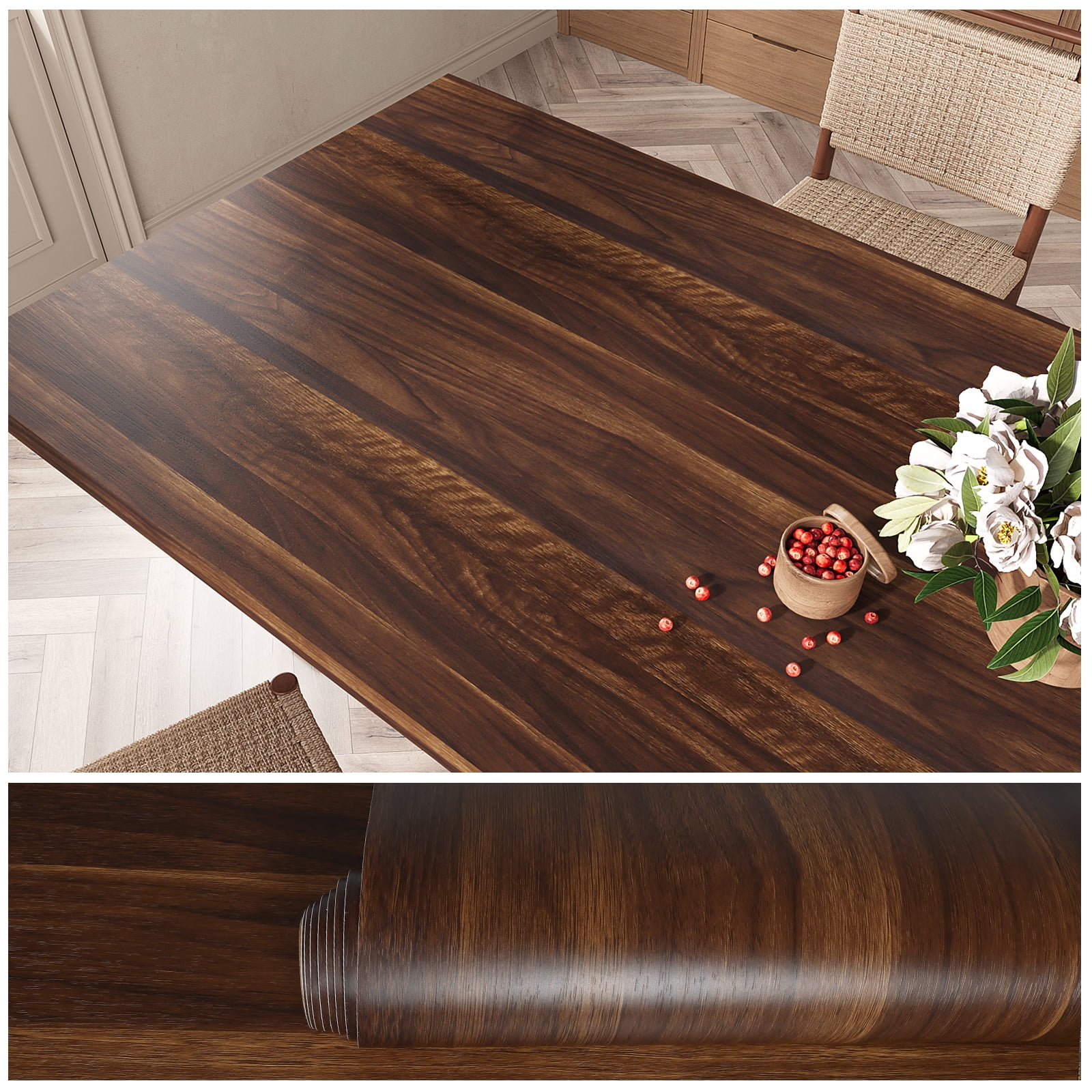 VEELIKE 15.7''x118'' Natural Walnut Wood Contact Paper for Countertops Peel and Stick Waterproof Brown Wood Wallpaper Removable Self Adhesive Wood Grain Contact Paper for Cabinets Wall Desk Furniture