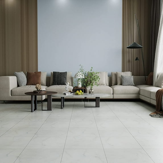 VEELIKE Off-white Marble Peel and Stick Floor Tile Self Adhesive Removable Stick on Floor Stickers Waterproof Vinyl Flooring 12''x12'' Kitchen Bedroom Bathroom Tiles 4pcs