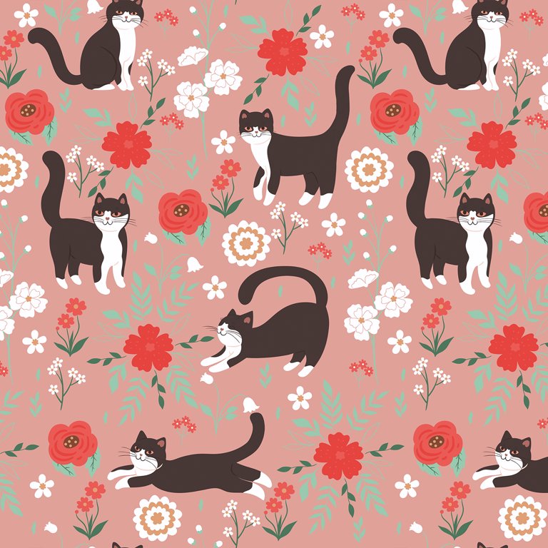VEELIKE Pink Floral Wallpaper Cute Cat Animal Wallpaper Peel and