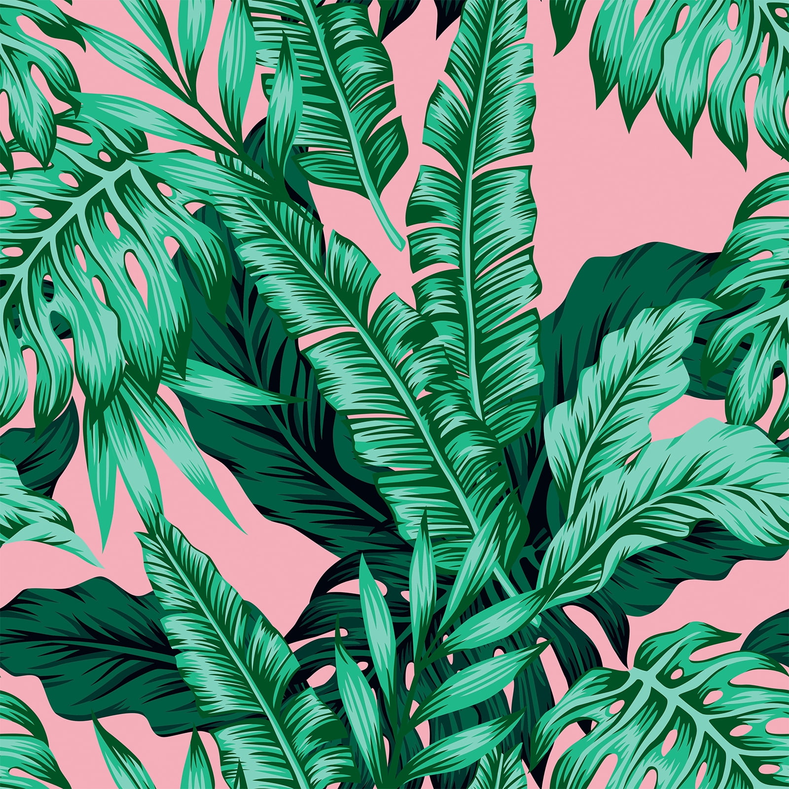 VEELIKE Pink Tropical Wallpaper Green Palm Leaves Wallpaper Mural Peel