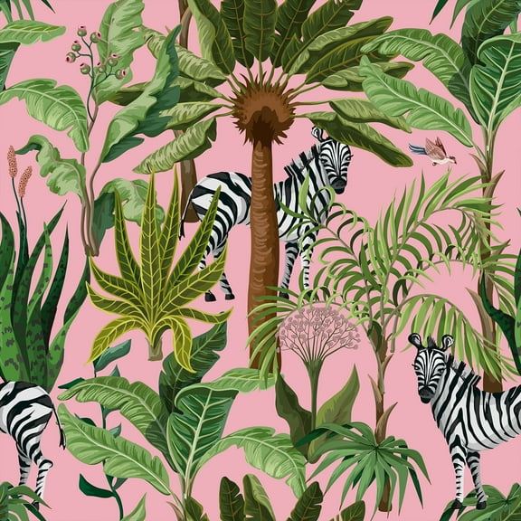 VEELIKE Pink Tropical Peel and Stick Wallpaper Palm Trees Zebra Jungle Wallpaper for  Room Nursery 17.7''x118'' Self Adhesive Pink Contact Paper for Cabinets Shelf Liners Removable Animals Mural