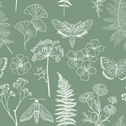VEELIKE Sage Green Floral Peel and Stick Wallpaper Boho Butterfly Fern Botanical Wallpaper Stick and Peel for Bedroom Bathroom 17.7"x118" Removable Adhesive Green Contact Paper for Cabinets Drawers