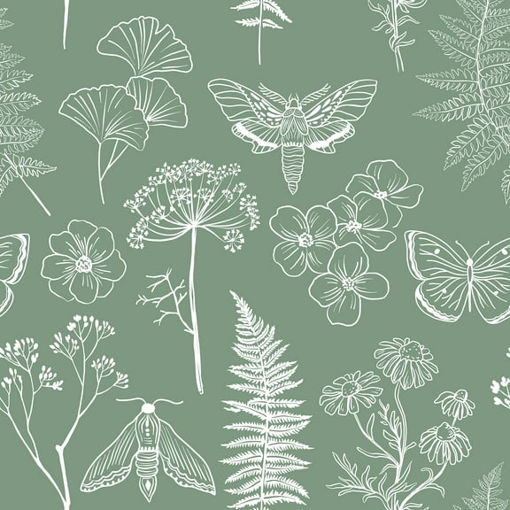 VEELIKE Sage Green Floral Peel and Stick Wallpaper Boho Butterfly Fern Botanical Wallpaper Stick and Peel for Bedroom Bathroom 17.7"x118" Removable Adhesive Green Contact Paper for Cabinets Drawers