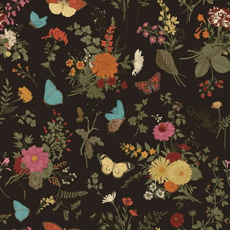 VEELIKE Vintage Floral Wallpaper 17.7''x 118'' Dark Butterflies Marigolds Black Floral Peel and Stick Wallpaper Mural Removable Self Adhesive Decorative Contact Paper for Bathroom Bedroom Wall Cabinet
