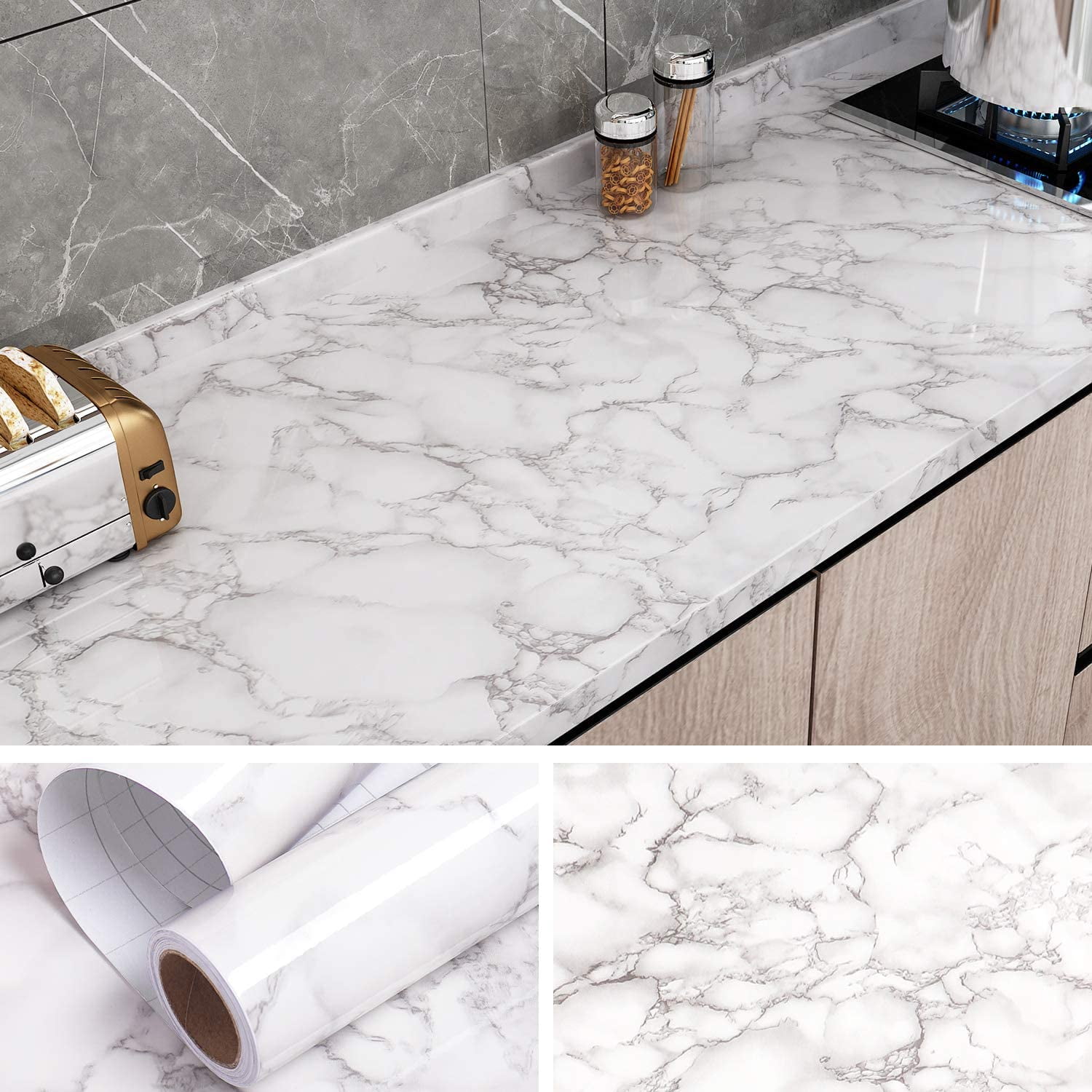 VEELIKE White Gray Marble Wallpaper 15.74 x 354.33inches Marble Contact Paper Self Adhesive Film Covering Peel and Stick Countertop Paper for Kitchen Backsplash Cabinet Countertop Furniture