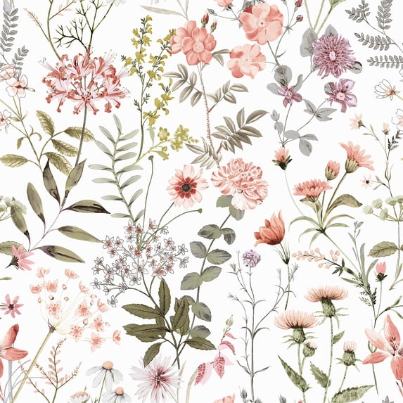 VEELIKE Wildflowers Floral Wallpaper Removable Pink Floral Peel and Stick Wallpaper for Girl's Bedroom Vintage Flower Wall Mural for Living Room Nursery 17.7"x118" Self Adhesive Vinyl Contact Paper