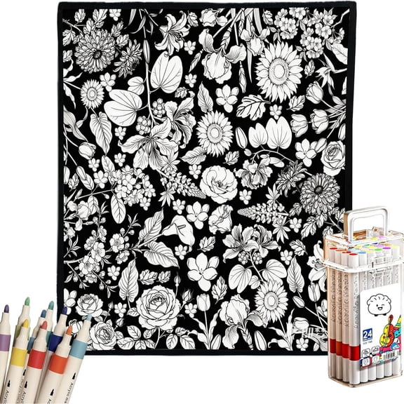 VEELU DIY Coloring Blanket with 24 Colors Markers, Color Your Own Blanket for Adults - Washable Cozy Blankets Kit for Everyday Use & Home Decor 50" x 60" (Style 9)