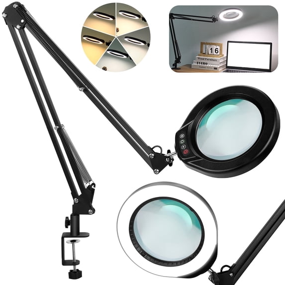 VEEMAGNI 5 Inch Large Real Glass Magnifying Glass with Light and Stand, 5 Color Modes Stepless Dimmable, 2*16 Inch Swivel Arm LED Clamp Desk Lamp, Hands Free Lighted Magnifier for Close Work Craft