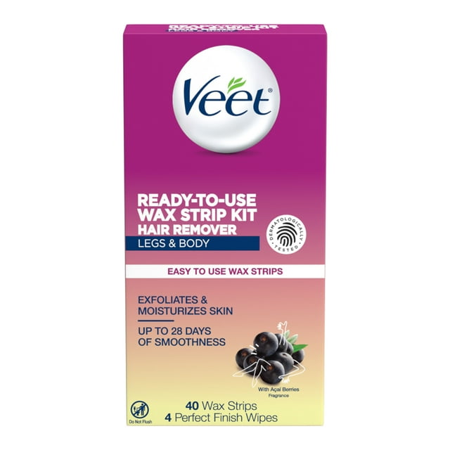 VEET Easy- Gelwax Technology, Sensitive Formula Ready-to-Use Hair Remover Wax Strip Kit with Shea Butter, 40 wax strips with 4 wipes