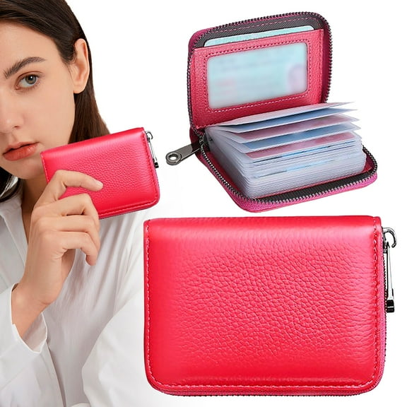 VEFSU Credit Card Holder Wallet Id Card Holder Zipper Wallet Small Genuine Leather Card Case Wallet Credit Card Organizer with Clear Pockets Card Case Holder for Men Women Gift Card Holder