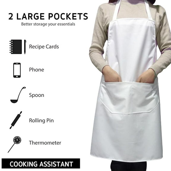 VEFSU Long Server Apron White with Large Pockets, Cooking Apron 24.4" x 29.5", Adjustable Bib Chef Apron for Women Men Painting Cooking Crafting, Garden Apron