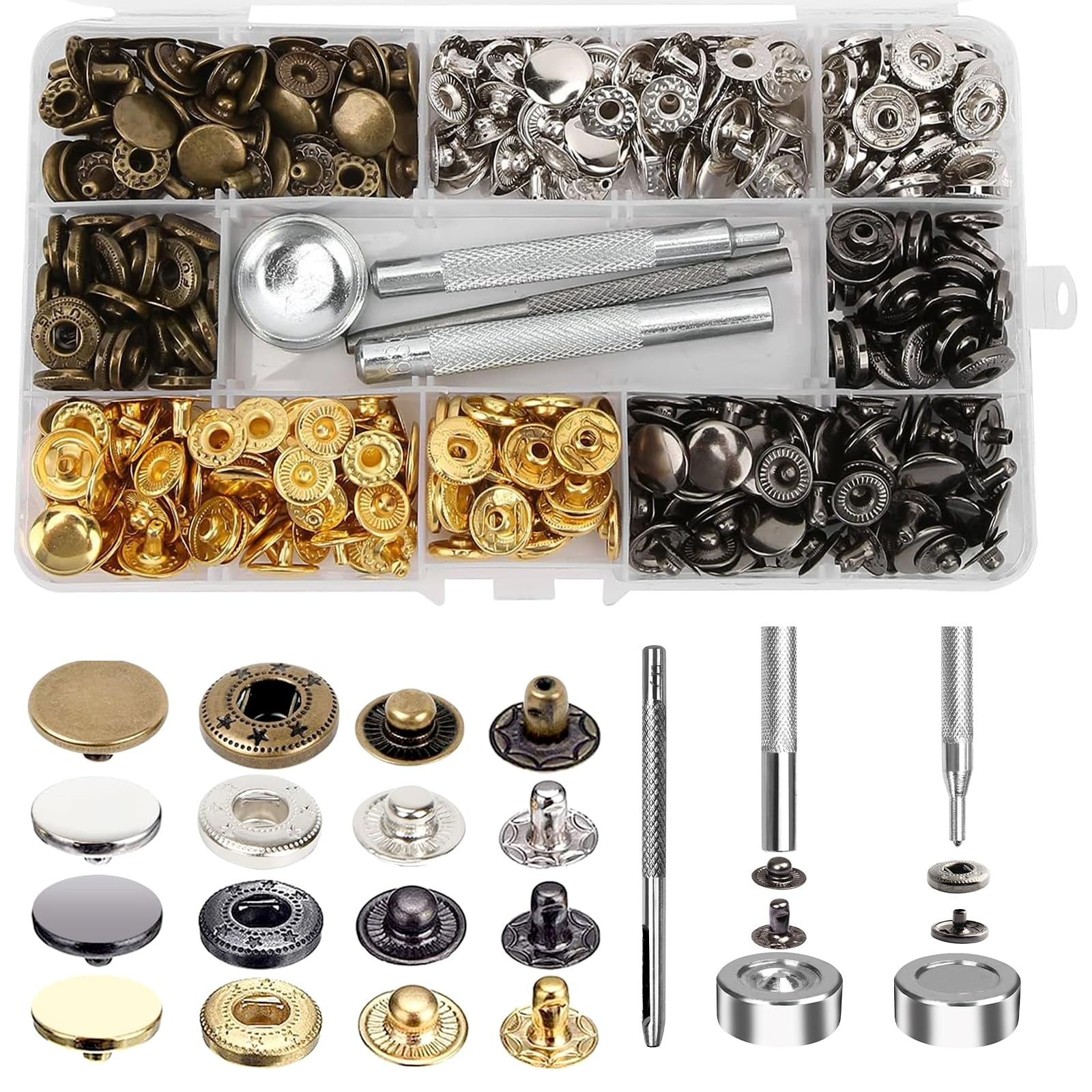 VEGCOO 120 Pcs Snap Fasteners Kit, 4 Color Snap Button Kits Metal Snaps