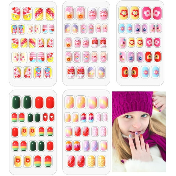 VEGCOO 120 Pieces Kids False Nails, Kids Stick On Nails Kids Press on Nails Children Press on Fake Nail Artificial Nail Tips Full Cover Short False Fingernails for Girls Kids