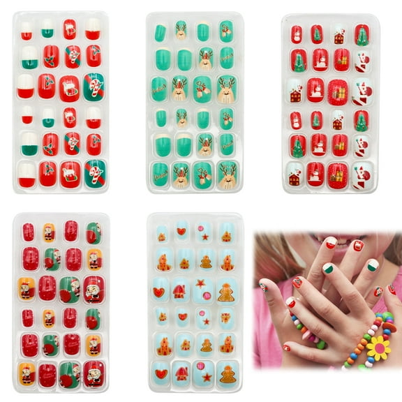 VEGCOO 144PCS Christmas Fake Nails Press On Nails, Santa Claus Snowman Christmas Trees Elk Full Cover Short False Nail with Nail Adhesive Tabs Kits for Women Girl Nail Art Decoration