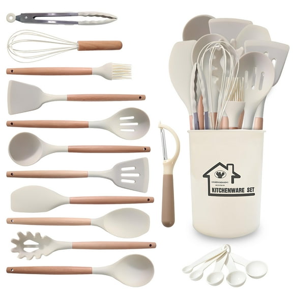 VEGCOO 14pcs Silicone Kitchenware Set, High-temperature Resistant Silicone Kitchenware, Wooden Handle, with Stand, Non-stick Pan Gadgets (Milky White)