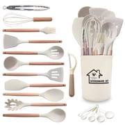 VEGCOO 14pcs Silicone Kitchenware Set, High-temperature Resistant Silicone Kitchenware, Wooden Handle, with Stand, Non-stick Pan Gadgets Milky White