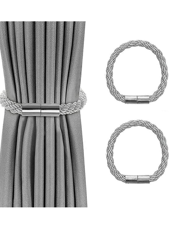 VEGCOO 2/4 Pack Strong Magnetic Curtain Tiebacks Modern Simple Style Drape Tie Backs Convenient Decorative Weave Rope Curtain Holdbacks for Thin or Thick Home & Office Window Draperies (Grey)