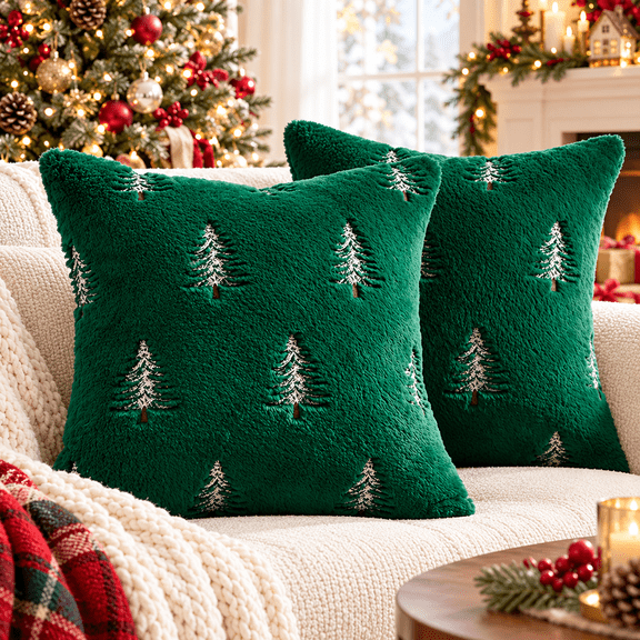 VEGCOO 2 Pack Christmas Pillow Covers Set,18"x18" Faux Fur Embroidered Christmas Tree Throw Pillow Covers, Soft Plush Holiday Cushion Cases for Couch Sofa Bedroom, Green White