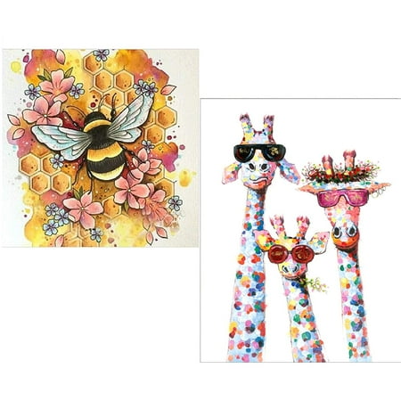 VEGCOO 2-Pack DIY Cross Stitch Kit 11CT Printed Fabric Embroidery Craft Kit for Home Decor, Floral 36x36CM & Giraffe Family 36x46CM, Includes Thread and Needle