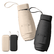 VEGCOO 2-Pack Mini Travel Umbrella with Waterproof Case, UPF 50+ UV Protection Compact Lightweight Folding Pocket Umbrella, 6-Rib Windproof Small Flat Sun & Rain Umbrella for Purse , Black & Beige