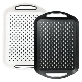 VEGCOO 2-Pack Non-Slip Serving Trays, Large 15.7" x 11.4" Rectangular Plastic Tray with Handles, Heat-Resistant Heavy-Duty Server for Food Drinks, Black & White Dot Design, for Kitchen Dining Outdoor