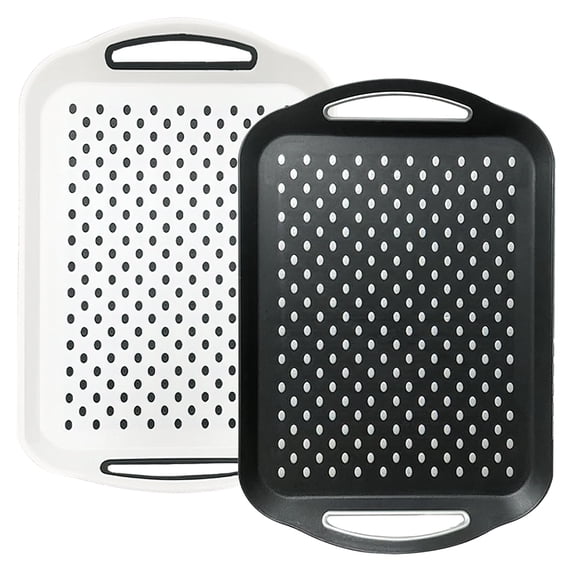VEGCOO 2-Pack Non-Slip Serving Trays, Large 15.7" x 11.4" Rectangular Plastic Tray with Handles, Heat-Resistant Heavy-Duty Server for Food Drinks, Black & White Dot Design, for Kitchen Dining Outdoor