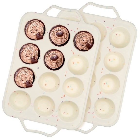 VEGCOO Silicone Muffin Pan with Metal Reinforced Frame- 12 Cup & 12 Cup Round Baking Tray, Non-Stick Cupcake Mold，Dishwasher Safe Muffin Pan for Oven/Freezer, Leakproof & Warp-Proof (Cream)