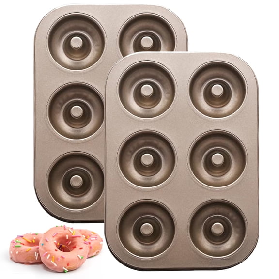 VEGCOO 2-Pack Stainless Steel Donut Baking Pan Set, Non-Stick 6-Cavity Doughnut Mold | Premium Bronze Gold Finish, Heavy-Duty | Perfect for Bagels, Muffins & Baked Donuts
