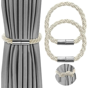 VEGCOO 2 Pack Strong Magnetic Curtain Tiebacks Modern Simple Style Drape Tie Backs Convenient Decorative Weave Rope Curtain Holdbacks for Thin or Thick Home & Office Window Draperies (White)