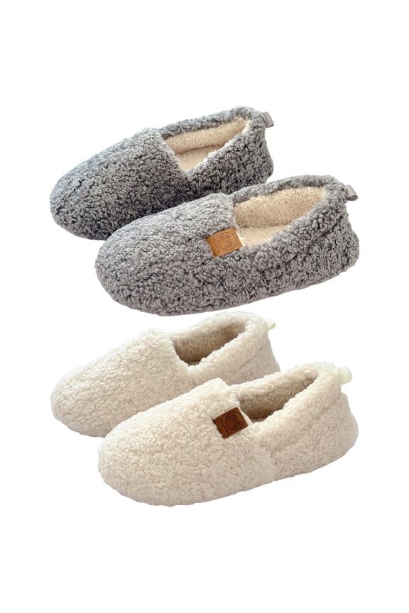 2-Pack Women’s Memory Foam Plush Slippers, Non-Slip Indoor/Outdoor House Shoes, Warm Fleece-Lined, Grey + Beige (US 9-10)