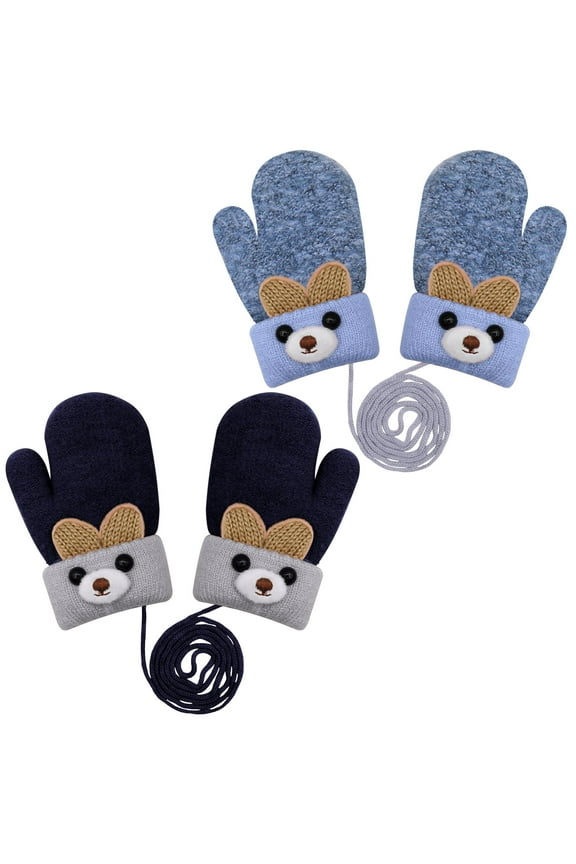 2 Pairs Kids Thick Knitted Gloves, Cute Cartoon Hang Neck Mittens, Full Finger Gloves with String, Toddler Baby Winter Warm Mittens for 1-3 Years Old Boys Girls