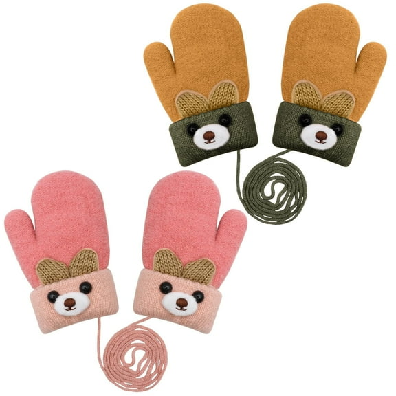 VEGCOO 2 Pairs Thick Knitted Gloves, Adorable Cartoon Connectable Mittens, Full Finger Winter Warm Gloves with Security Lanyard (Ideal for Small Hands)